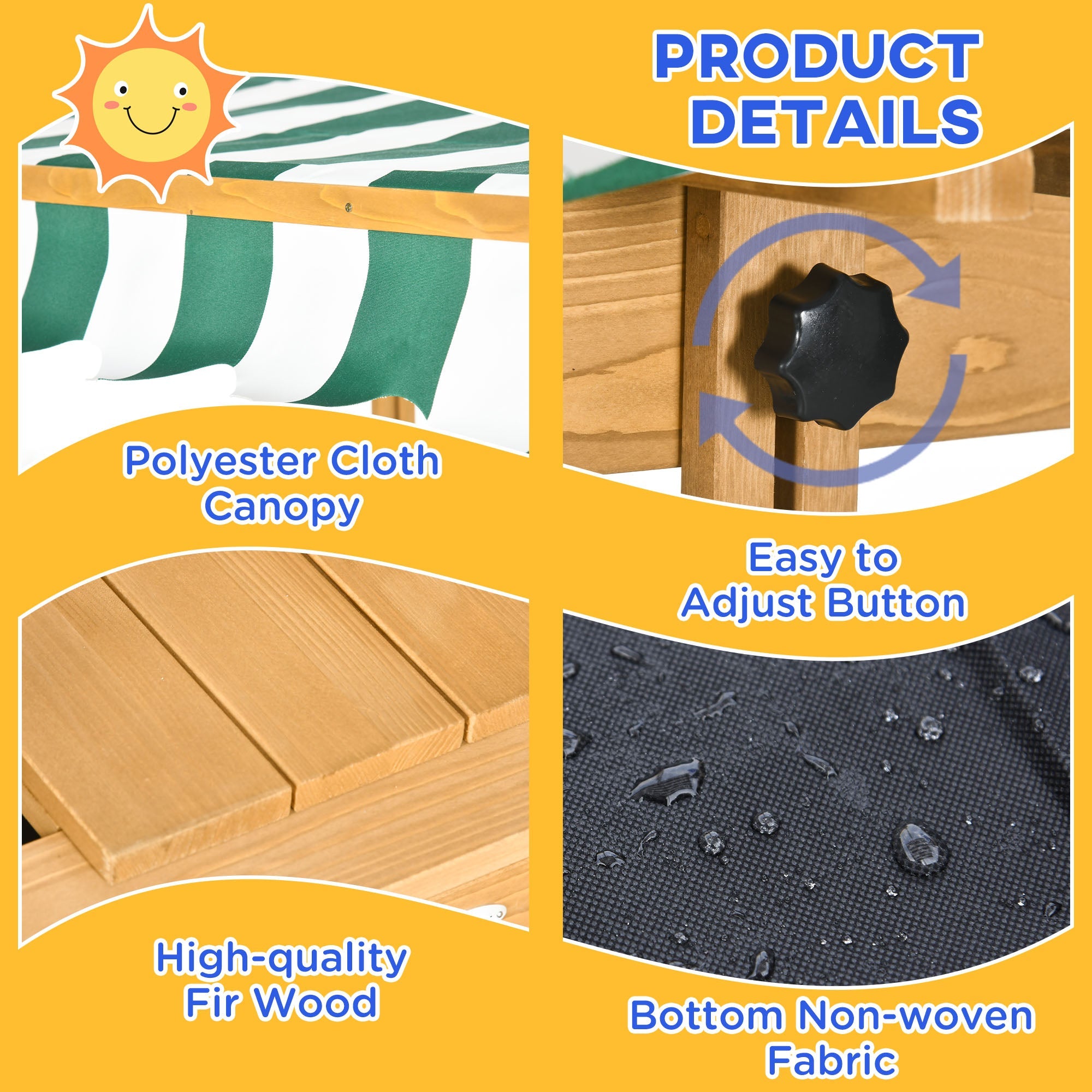 Outsunny Kids Sandbox Wooden with Cover Adjustable Canopy Foldable Bench Seats Sand Play Light Brown 