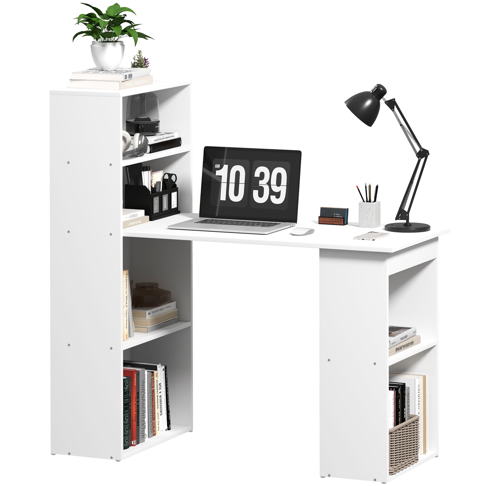 HOMCOM 6-Tier Compact Desk: Writing Table, Workstation & Bookshelf for Home Office Study in White 