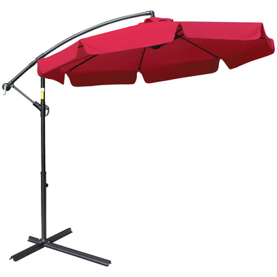 Outsunny 9FT Offset Hanging Patio Umbrella: Red Easy Crank Tilt Cross Base 8 Ribs UV Blocking Canopy 