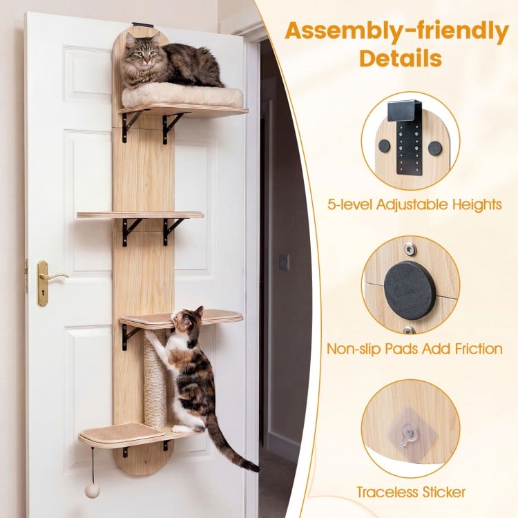 Door Hanging Cat Climber 4-level Height Adjustable with Plush Bed-Beige