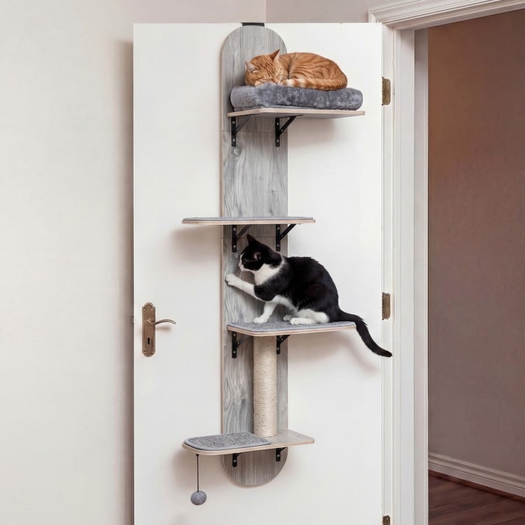 Door Hanging Cat Climber 4-level Height Adjustable with Plush Bed-Gray