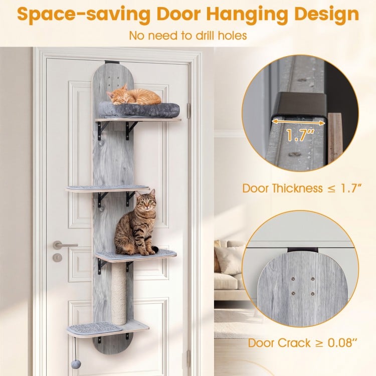 Door Hanging Cat Climber 4-level Height Adjustable with Plush Bed-Gray