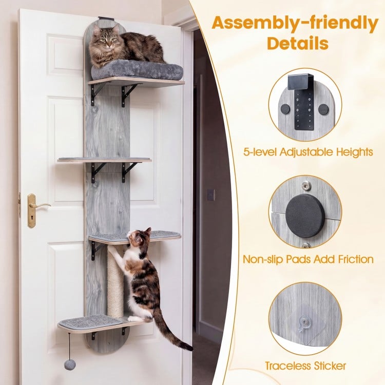 Door Hanging Cat Climber 4-level Height Adjustable with Plush Bed-Gray