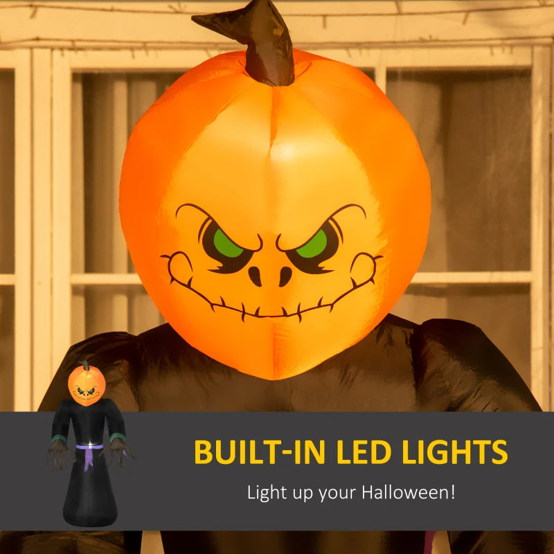 HOMCOM 9ft Inflatable Pumpkin Head Ghost – LED Blow-Up Halloween Decoration for Outdoor Lawn & Garden 