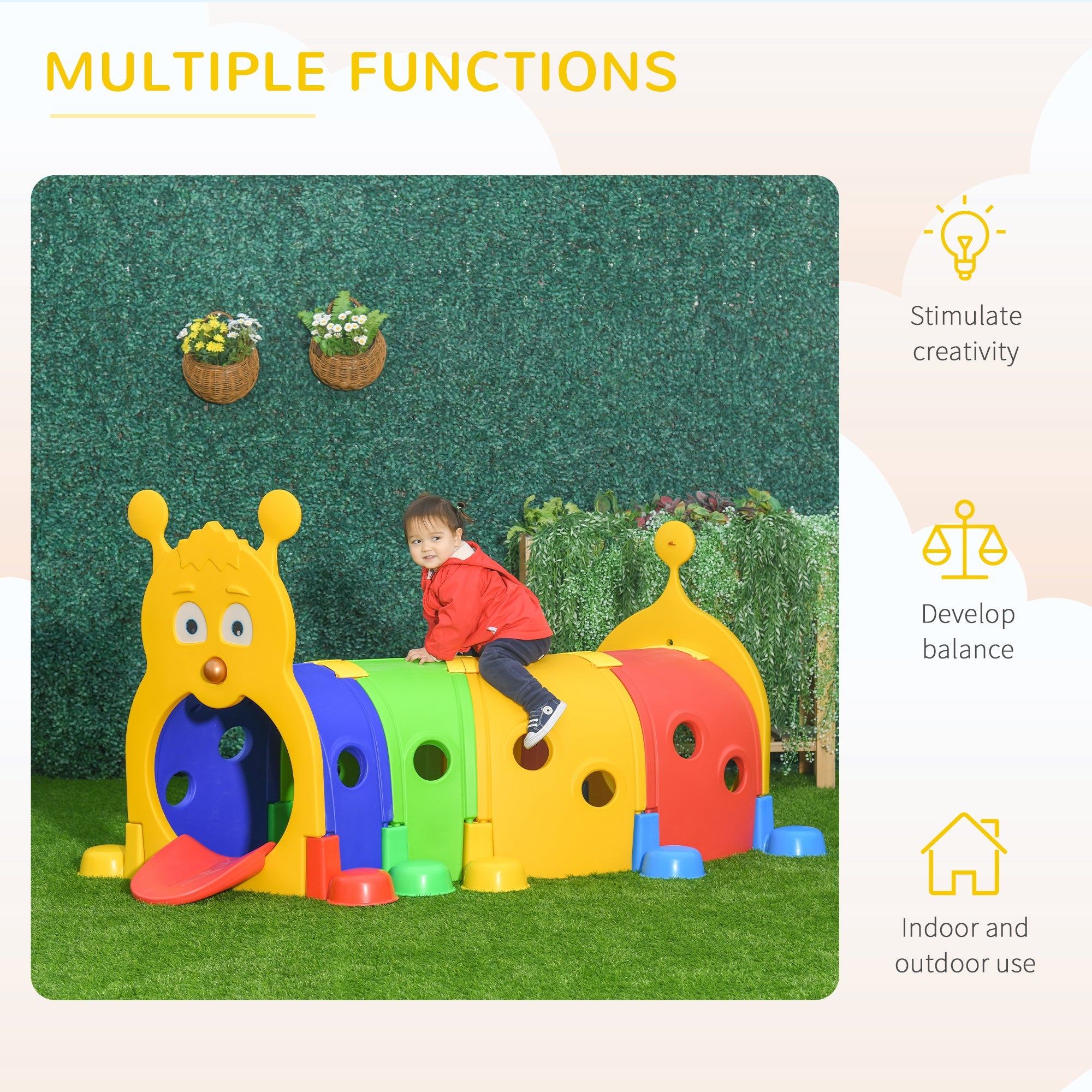 Qaba Kids Caterpillar Tunnel Climb-N-Crawl Toy Indoor Outdoor Play Multicolor for Ages 3-6 