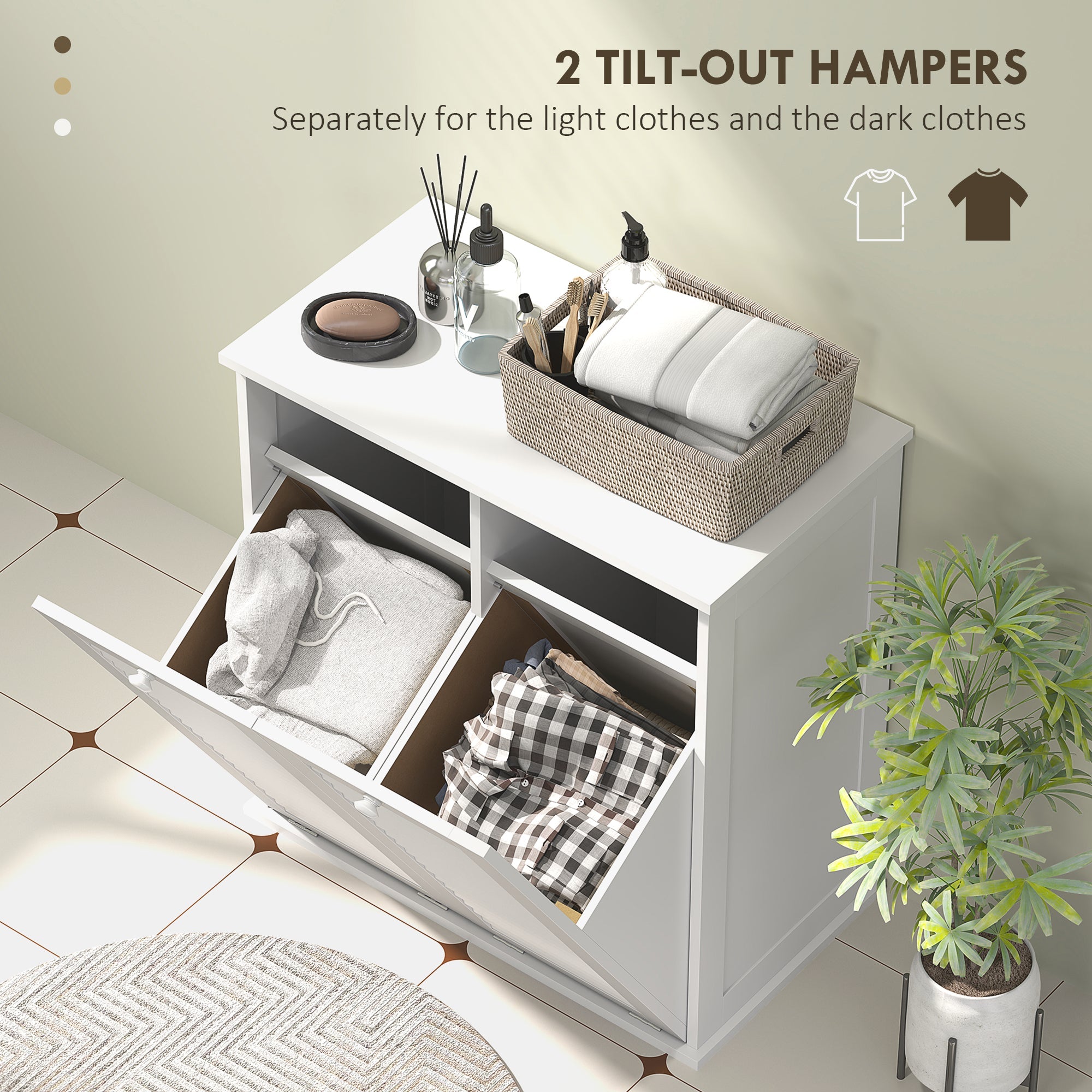 HOMCOM Tilt Out Laundry Cabinet, Laundry Basket Cabinet with 2 Baskets and 2 Louvered Doors, White 