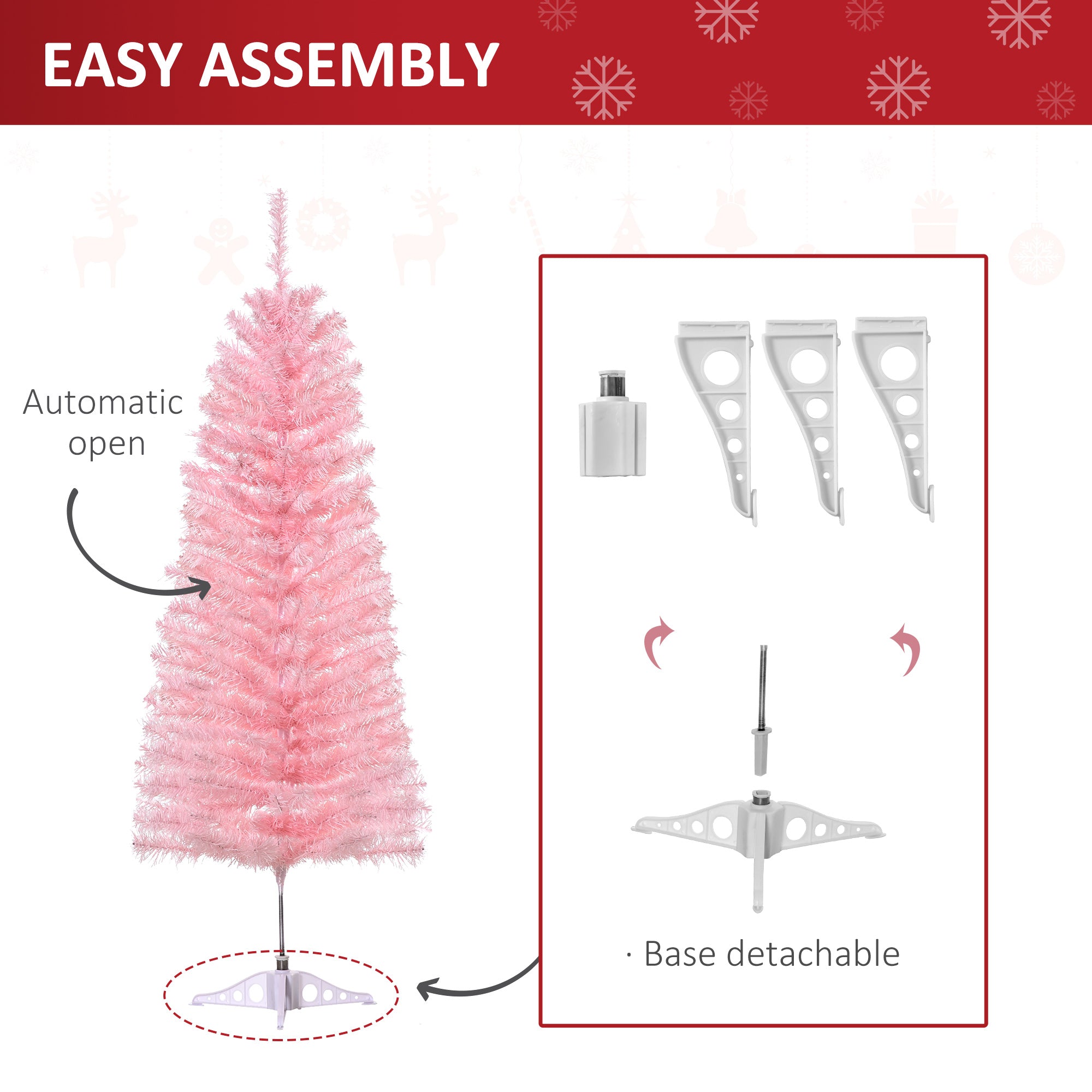 HOMCOM 4FT Artificial Christmas Tree Holiday Xmas Holiday Pencil Tree Decoration with Automatic Open for Home Party, Pink 