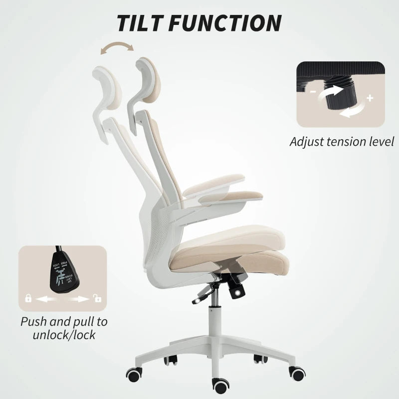 Ergonomic Office Chair, Swivel Desk Chair with Adjustable Lumbar Support, Headrest and Height, Flip-up Armrests, Beige