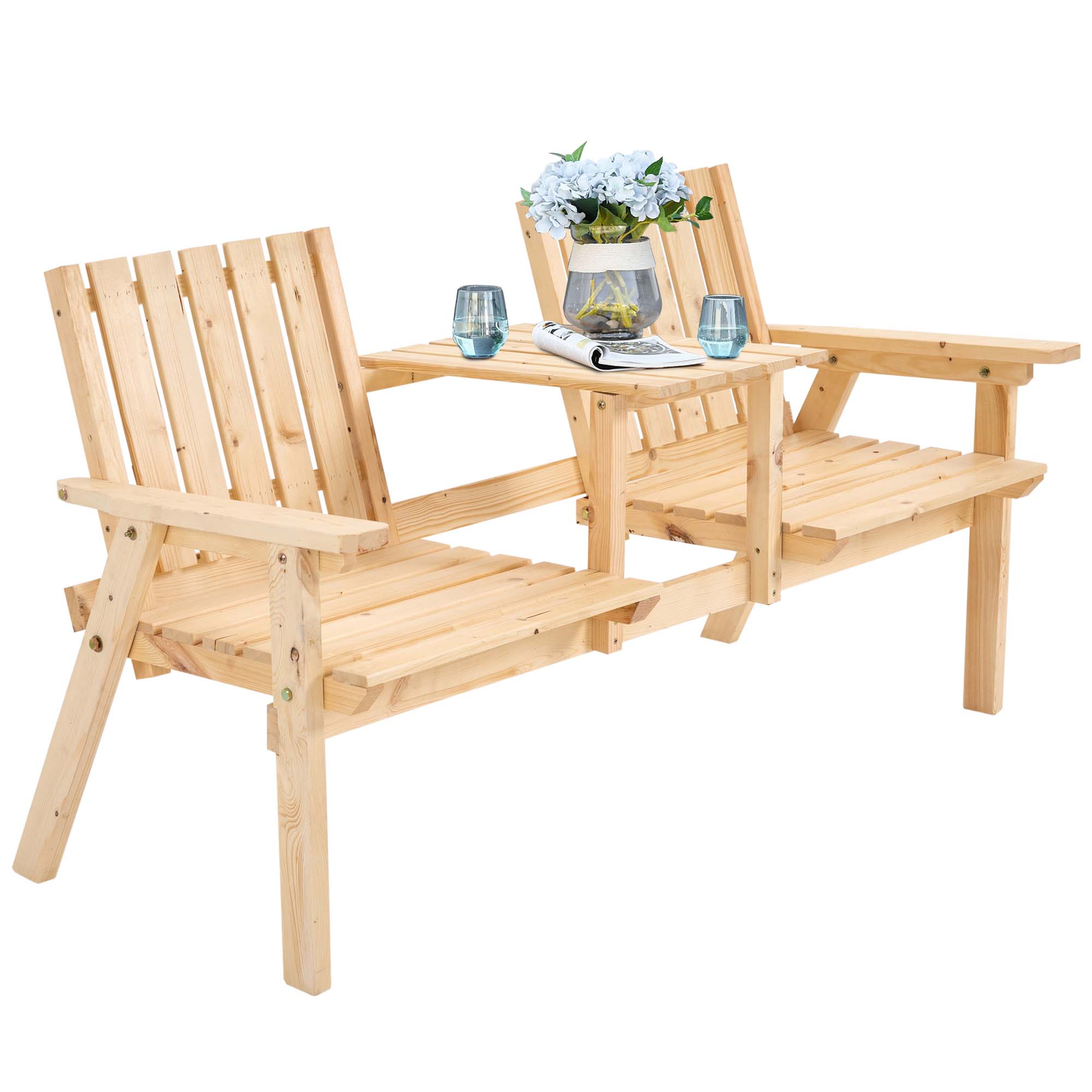 Outsunny Garden Bench for 2 Persons with Middle Table and Umbrella Hole, 2-Seater Outdoor Wooden Bench with Slat Design, Natural 