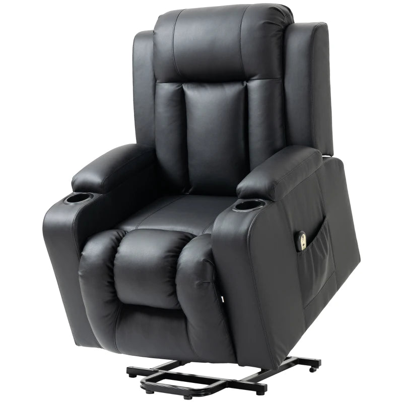 Power Lift Recliner Chair for Elderly, PU Leather Electric Recliner Chair with Footrest, Remote Control, Side Pockets and Cup Holders for Living Room, Black
