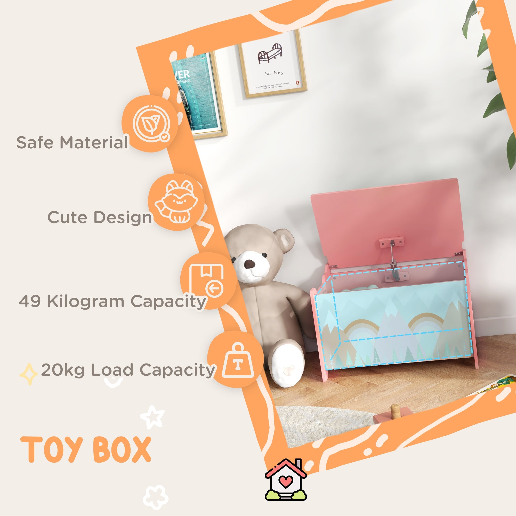 Qaba Kids Toy Box Chest with Safety Lid Organizer for Bedroom Playroom Storage Solution Pink 