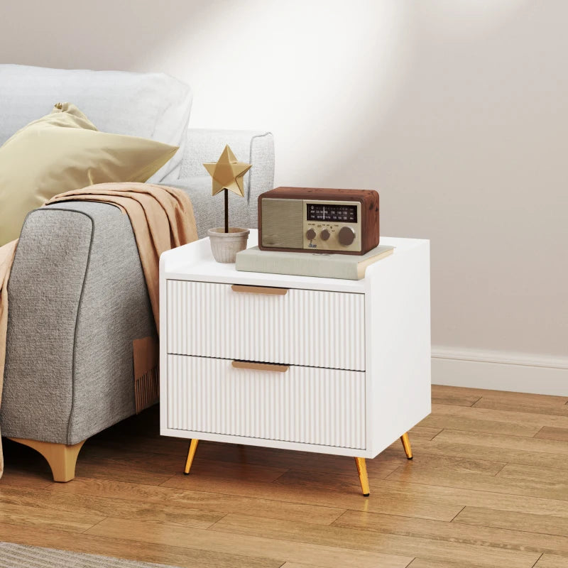 Bedside Table, Nightstand with 2 Drawers, Side End Table with Metal Legs for Bedroom, White