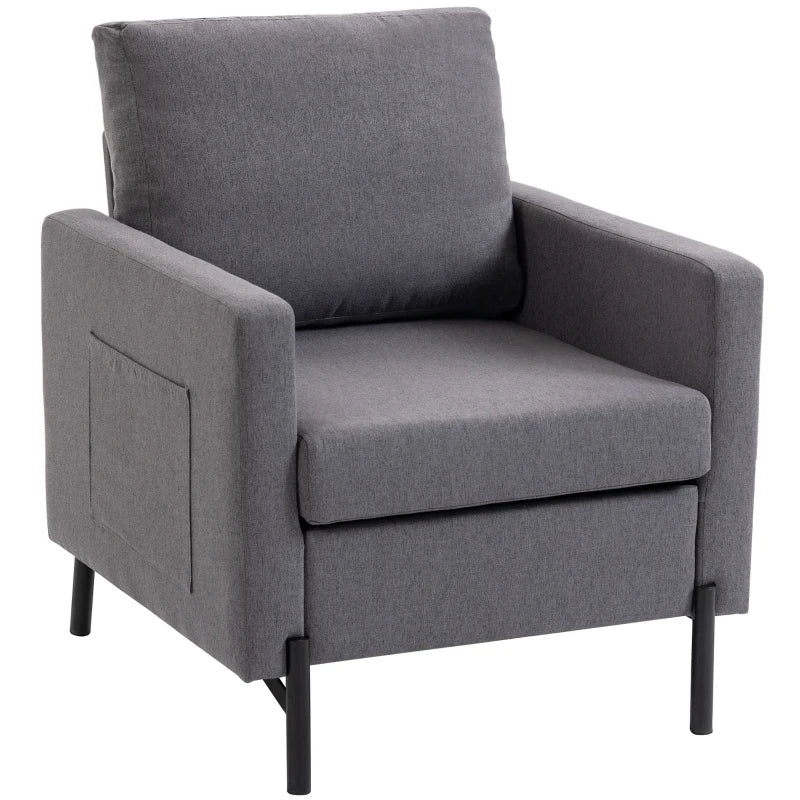 Accent Chair Modern Upholstered Armchair with Side Pockets and Cushion for Bedroom, Living Room, Dark Grey