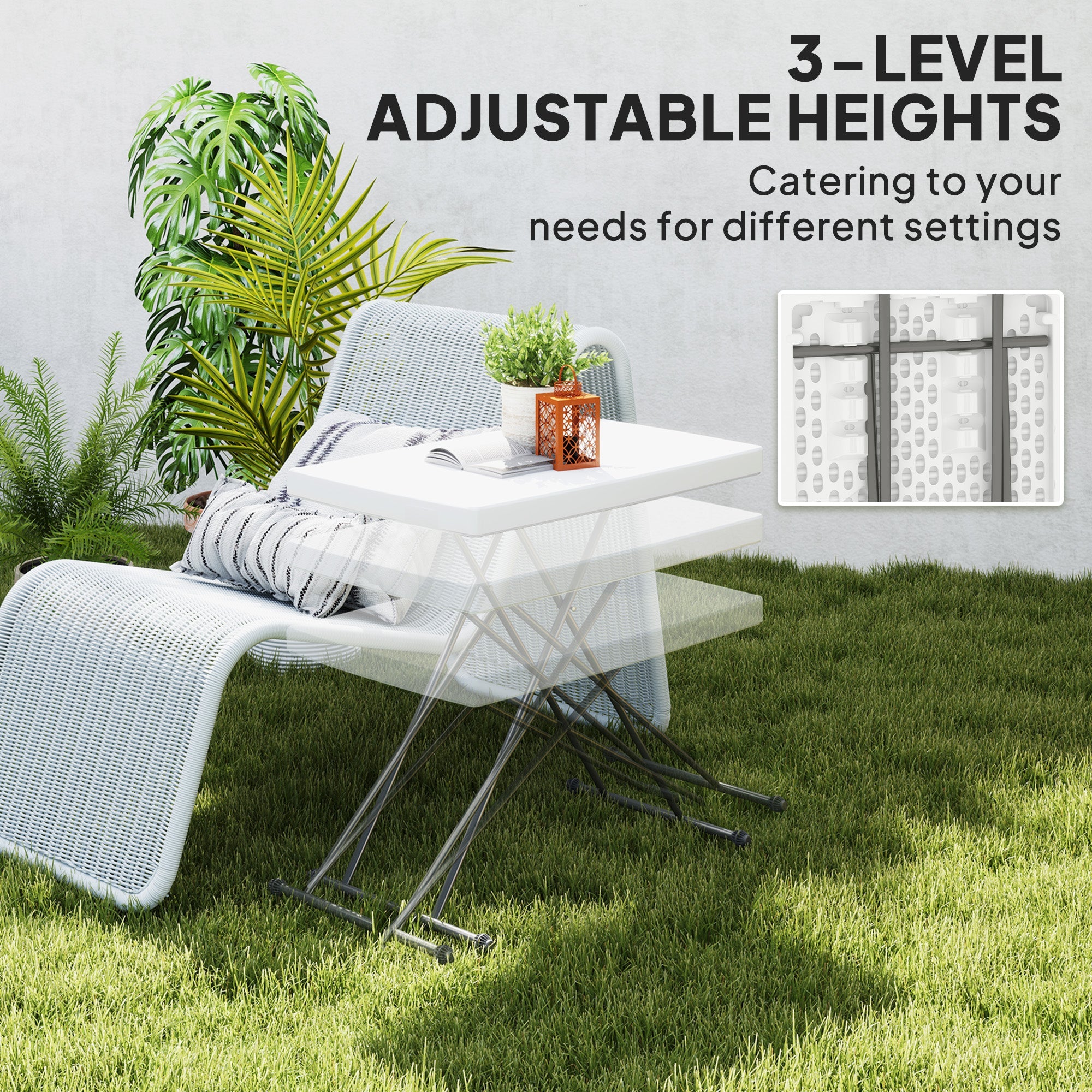 Outsunny Folding Outdoor Patio Table, 3-Level Adjustable Camping Table Picnic Table with HDPE Top, Steel Legs, White 