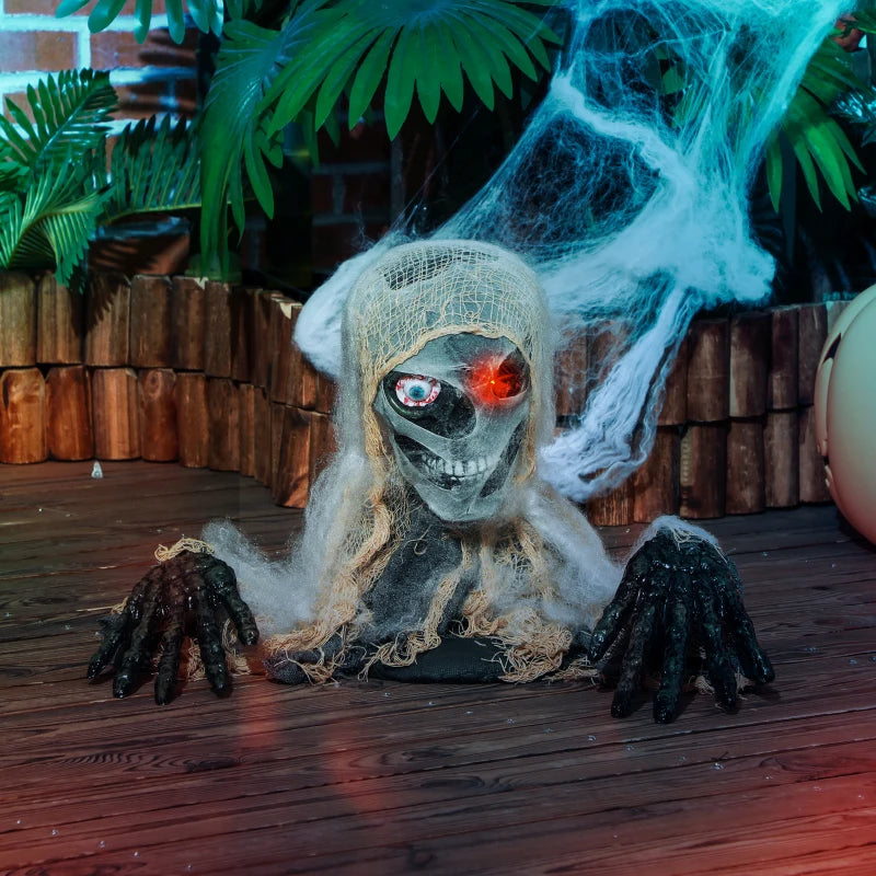 HOMCOM Life-Size Animated Mummy – Glowing LED Eyes, Battery Operated Halloween Decoration 