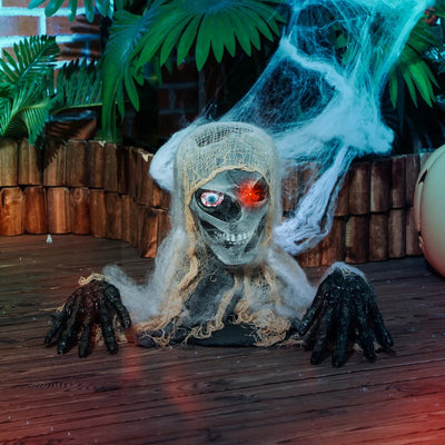 HOMCOM Life-Size Animated Mummy – Glowing LED Eyes, Battery Operated Halloween Decoration 