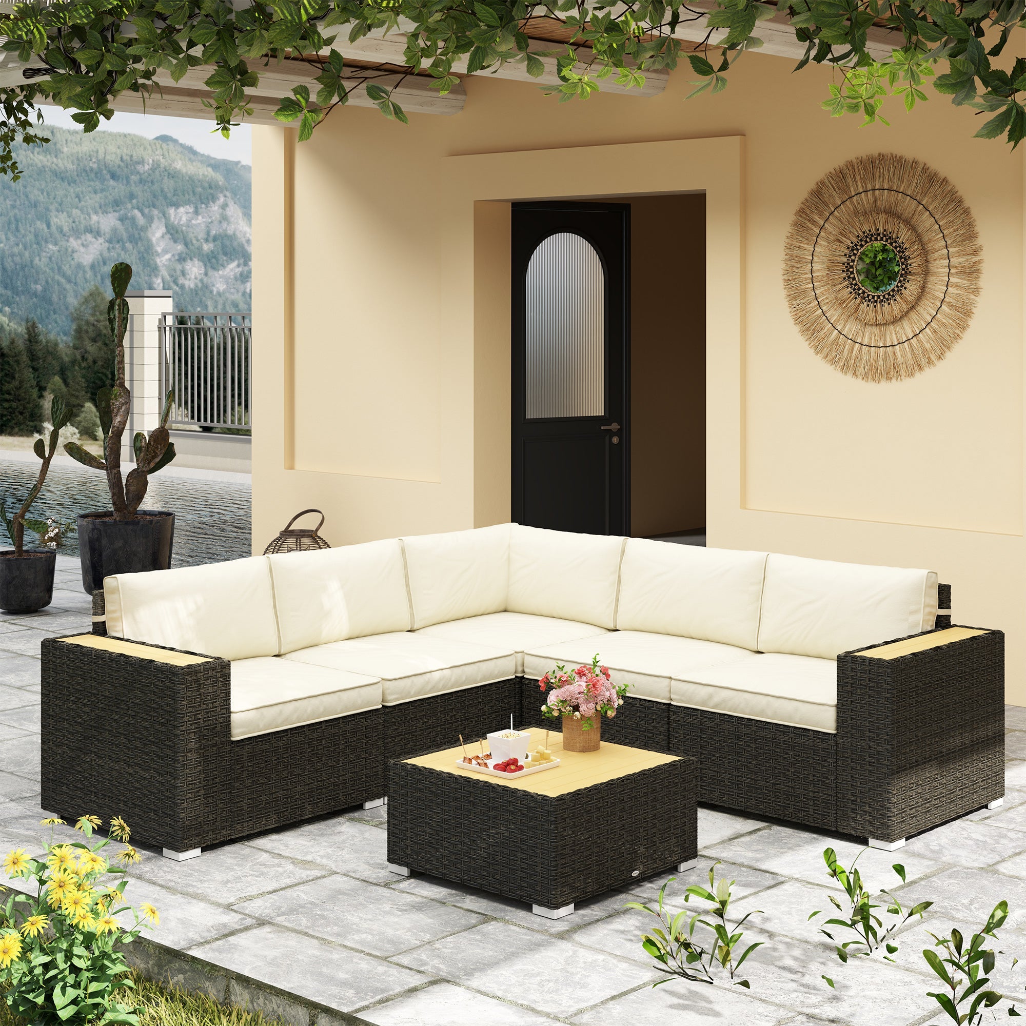 Outsunny 6 Pieces Outdoor Rattan Patio Furniture Set with Corner Sofa, Wood-Plastic Coffee Table, Light Khaki 