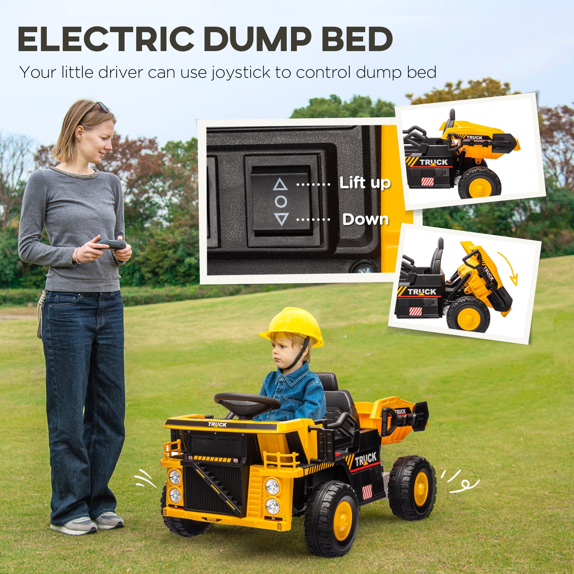Qaba 12V Kids Ride On Dump Truck Construction Vehicle w/ Electric Dump Bed, Shovel, Spring Suspension Wheels 