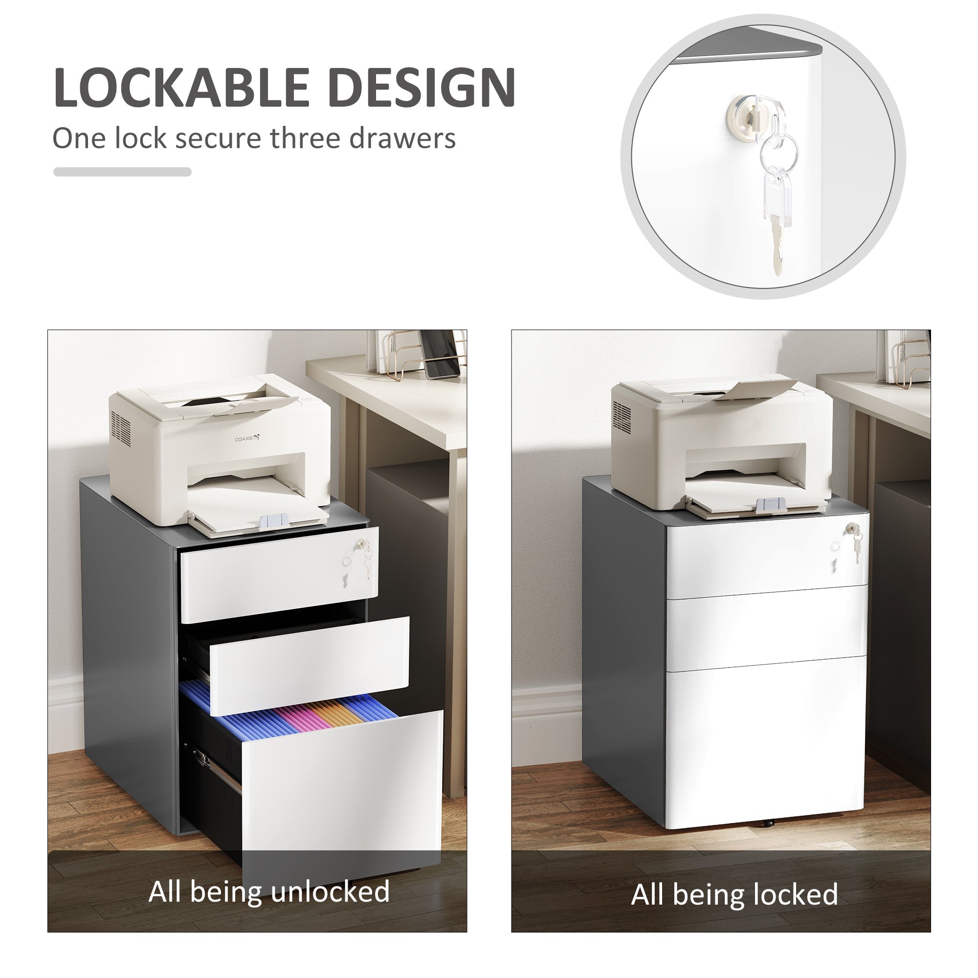 Vinsetto 3 Drawer Filing Cabinet, Home Office Storage Cabinet with Wheels, Lock for A4, Letters, Legal-sized Files, Grey and White 