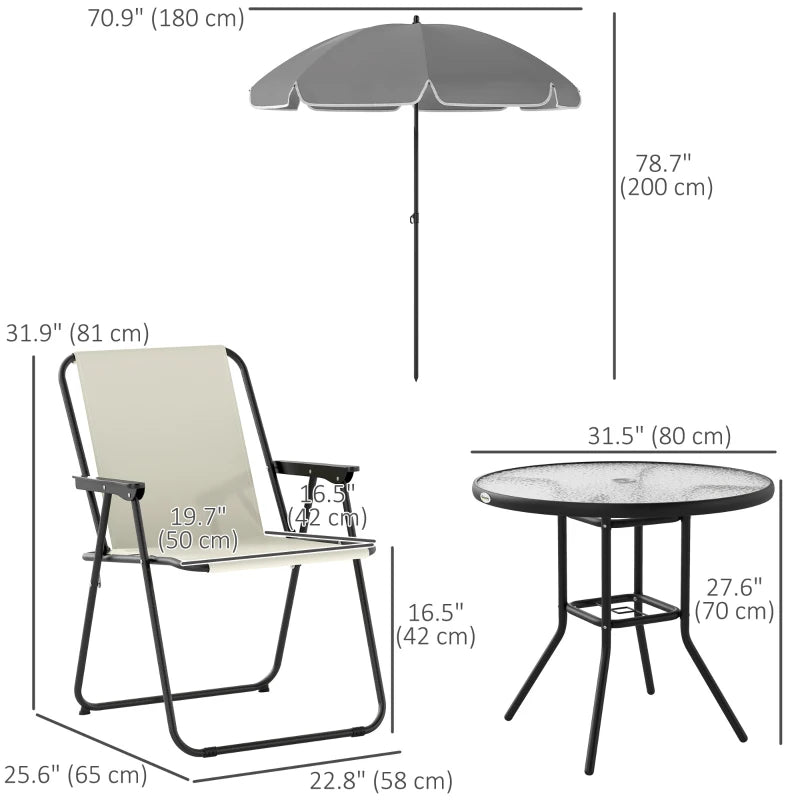 6 Pieces Patio Dining Set with Umbrella, Patio Furniture Set with Folding Chairs, Glass Table for Garden Backyard, Cream White