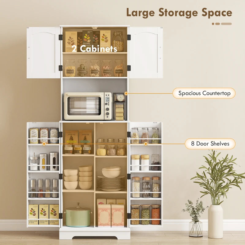 71.5" Tall Pantry Cabinet, Farmhouse Kitchen Storage Cabinet with Adjustable Shelves, 8 Door Spice Racks, White