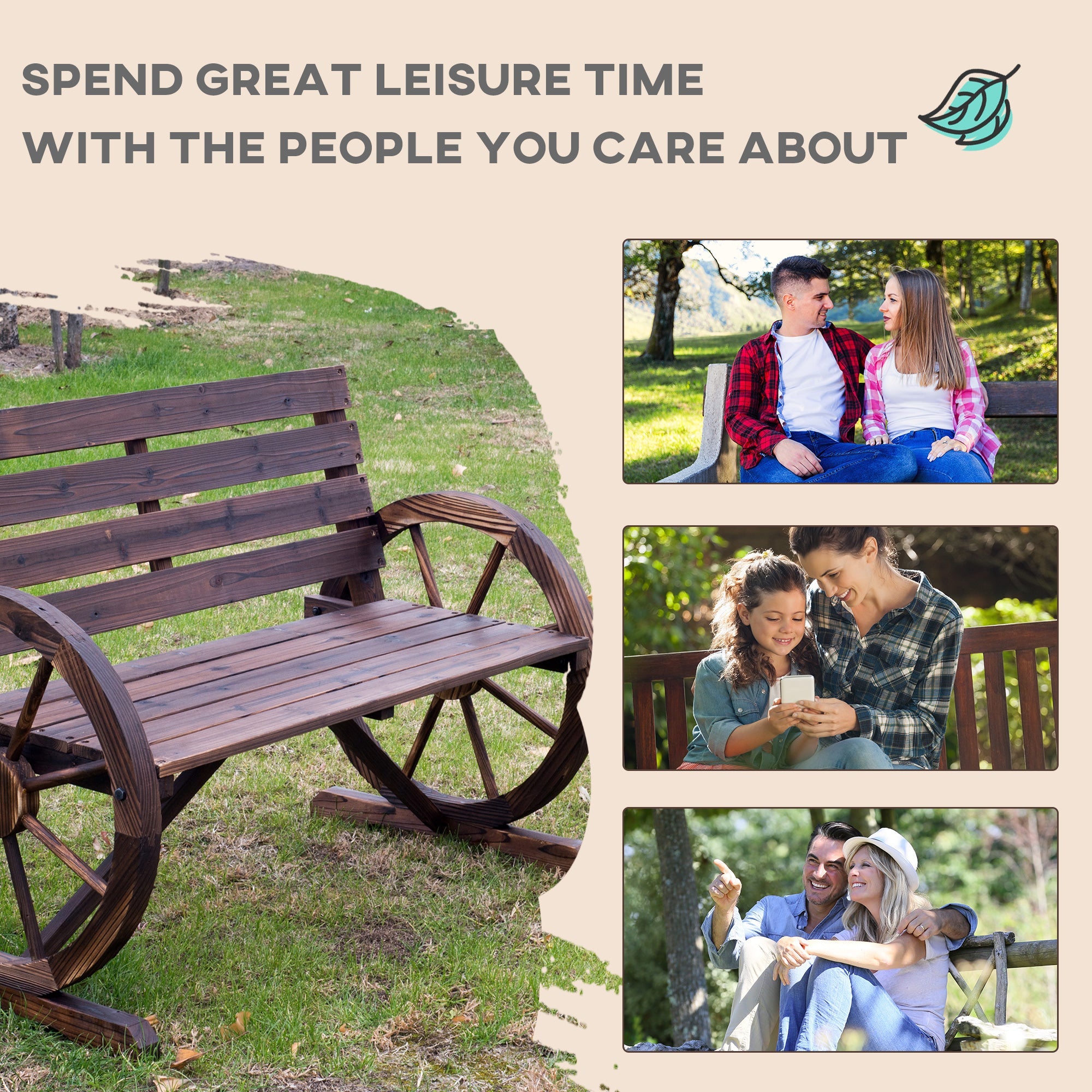 Outsunny 42" Wood Wagon Wheel Bench Rustic Garden Loveseat Outdoor Lounge Chair Brown 