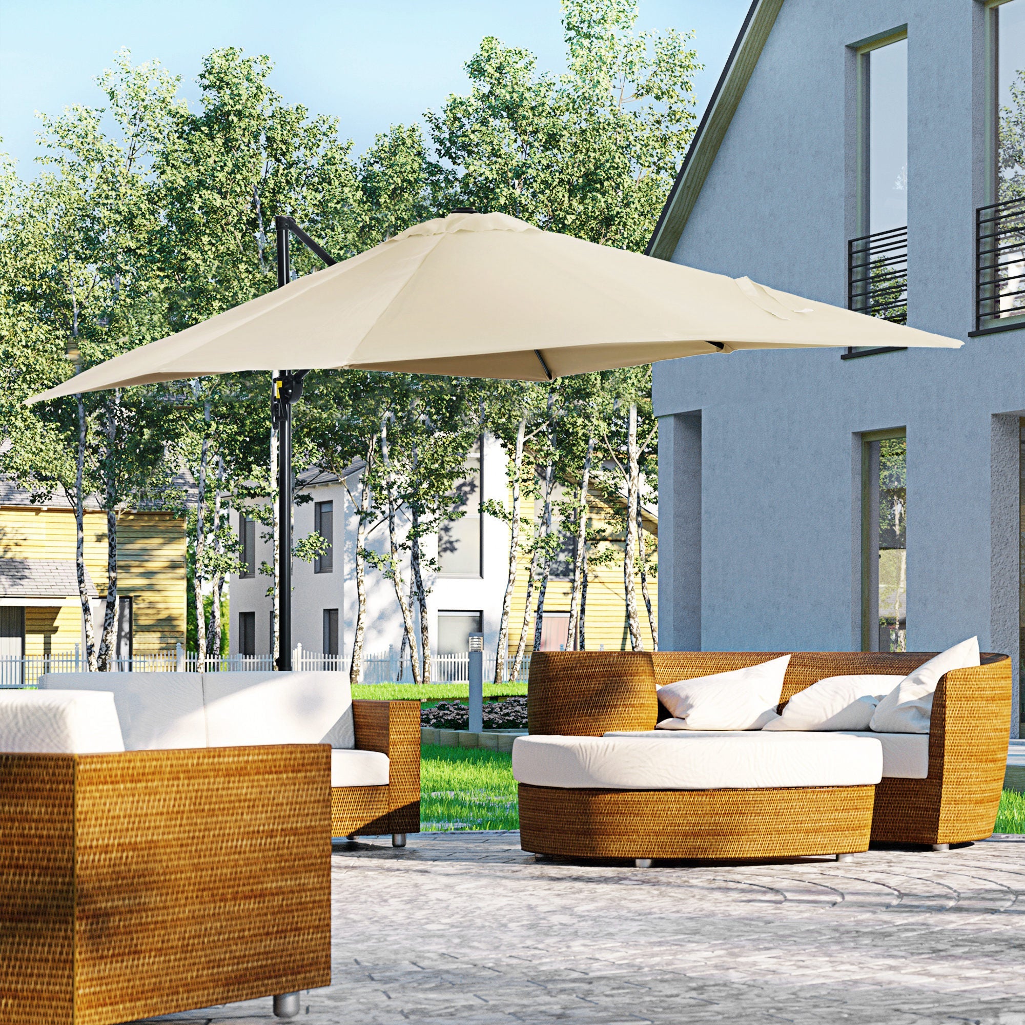 Outsunny Square Patio Hanging Offset Umbrella 8' x 8' Aluminum Cantilever Crank Market Parasol 360° Rotation Cross Base Cream White 