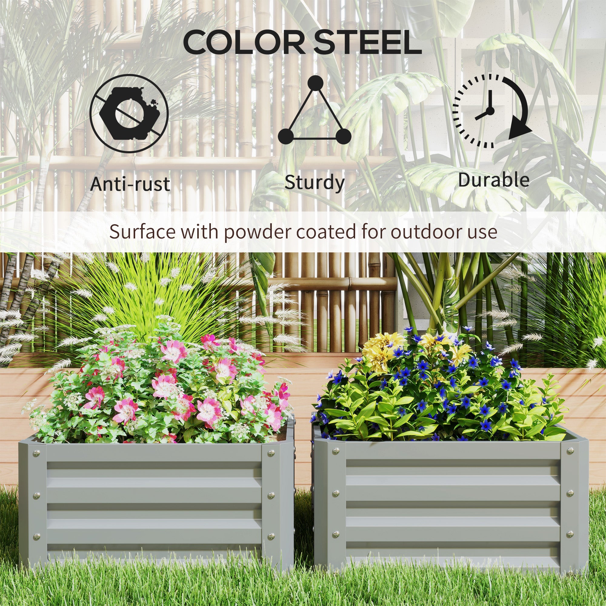 Outsunny 2' x 2' x 1' 2-Pieces Raised Garden Bed with Galvanised Steel Frame for Vegetables, Flowers, Herbs, Light Grey 