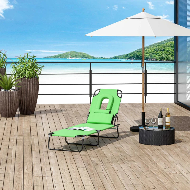 Adjustable Outdoor Lounge Chair, Garden Folding Chaise Lounge with Face Hole Reclining Tanning Chair Seat, Folding Camping Beach Lounging Bed w/ Support Pillow, Green