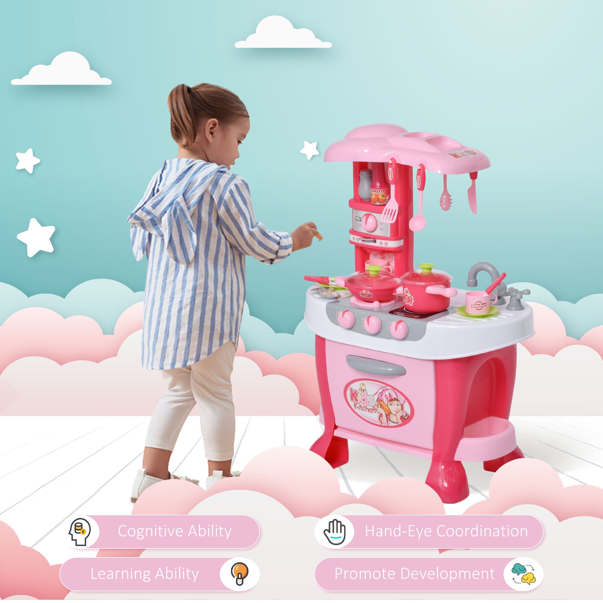 Qaba Children's Kitchen Playset with Light & Sound, 38Pcs Toy Accessories, Ideal for Pretend Play, Pink 