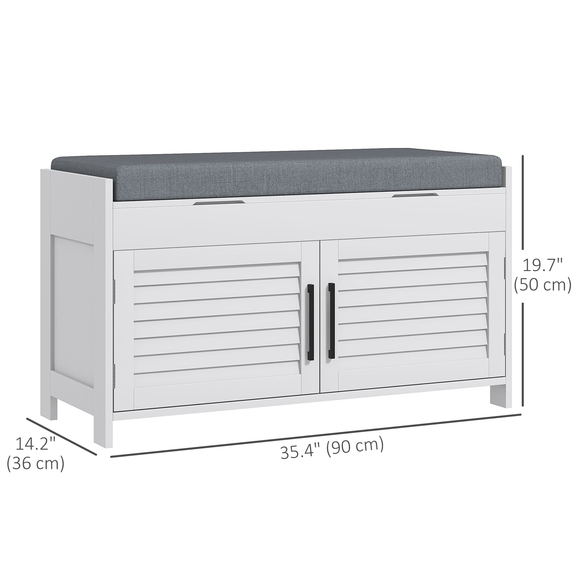 HOMCOM Entryway Bench with Cushion, Hidden Storage, Adjustable Shelves and Shutter Doors, 35.4" Shoe Bench, White 