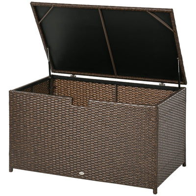 Outsunny 113 Gallon Outdoor Storage Box, Rattan Deck Box for Indoor, Patio Furniture Cushions, Pool Toys, Garden Tools, Brown 