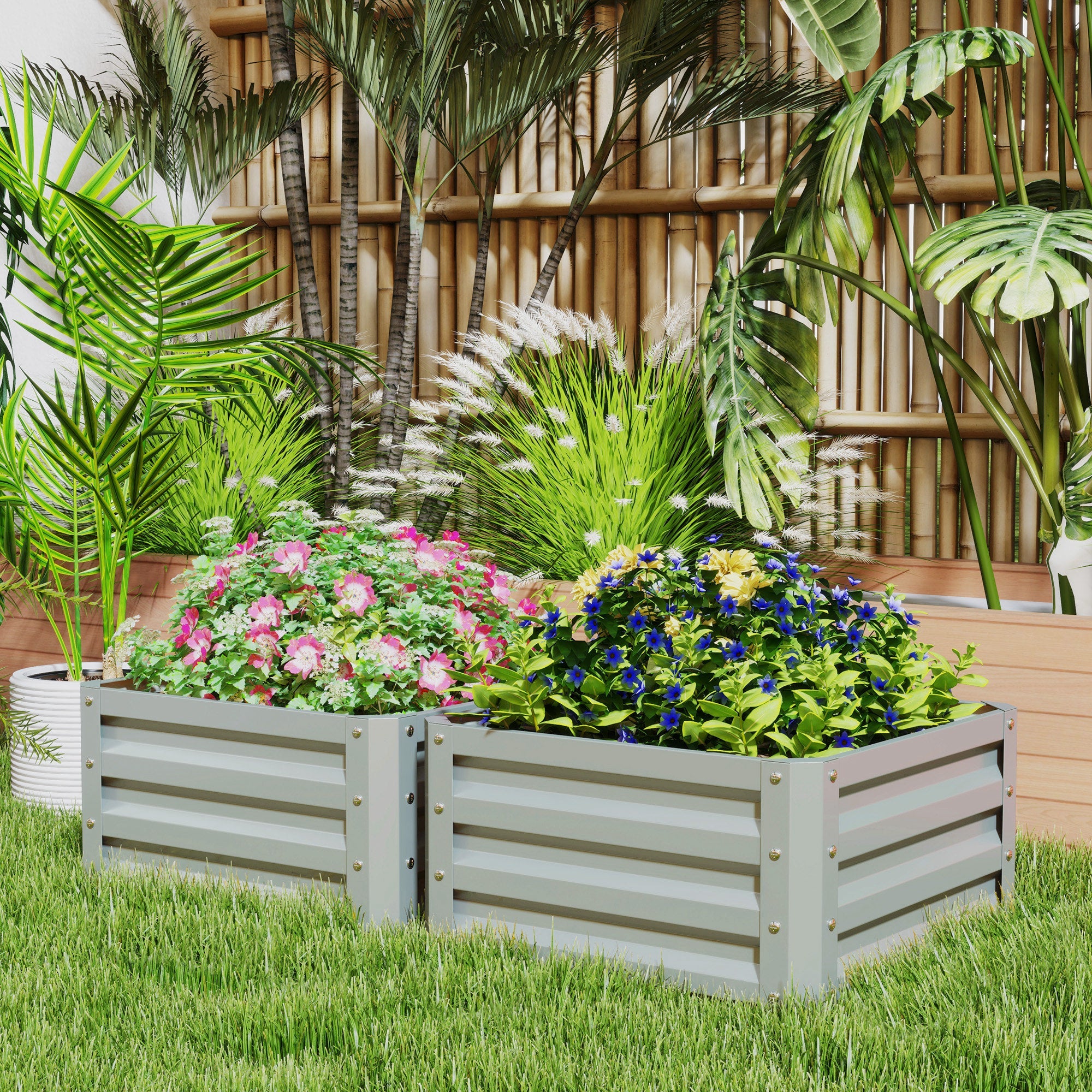 Outsunny 2' x 2' x 1' 2-Pieces Raised Garden Bed with Galvanised Steel Frame for Vegetables, Flowers, Herbs, Light Grey 