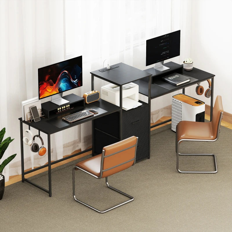96 Inch Gaming Desk, Dual Computer Desk for 2 Person with Power Outlets and Monitor Stands, Black