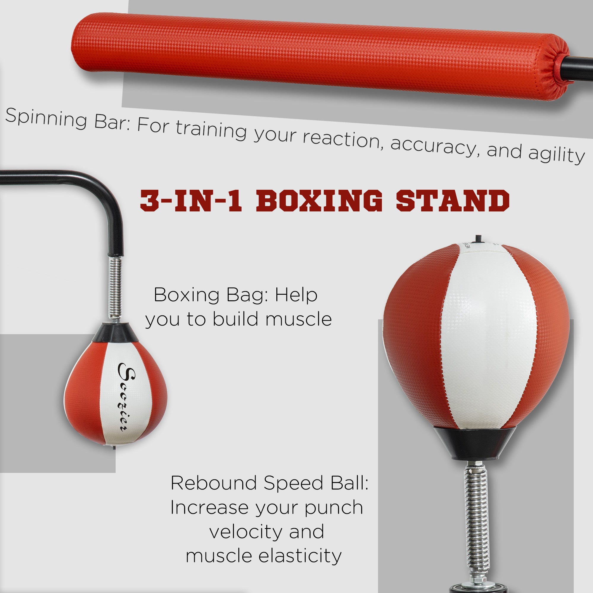 Soozier Boxing Bag Freestanding Punching Bag, Height Adjustable with Reflex Bar, Speed Balls and Suction Cup Base for Adult & Teenagers 