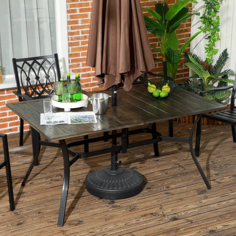 Steel Frame 59 Inch Outdoor Dining Table for Six with Parasol Hole, Wood Grain Tabletop, for Backyard, Garden, Brown