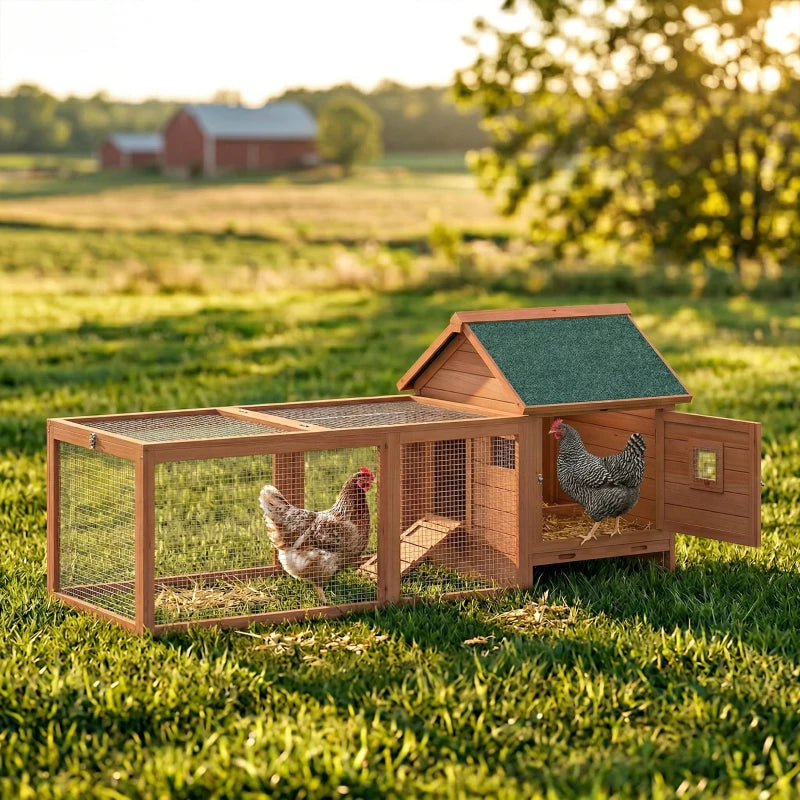 72" Chicken Coop, Wooden Hen House for 2 Chickens, Poultry Cage with Run, Nesting Box, Removable Tray, Waterproof Roof