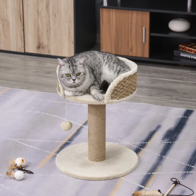 Cat Tree with Scratching Post, Toy Ball, Perch, Small Cat Tower for Indoor Cats - 16" x 16" x 19", Beige