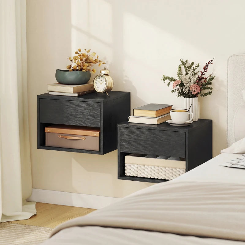 Floating Nightstand Set of 2, Wall Mounted Bedside Table with Drawer for Bedroom Black