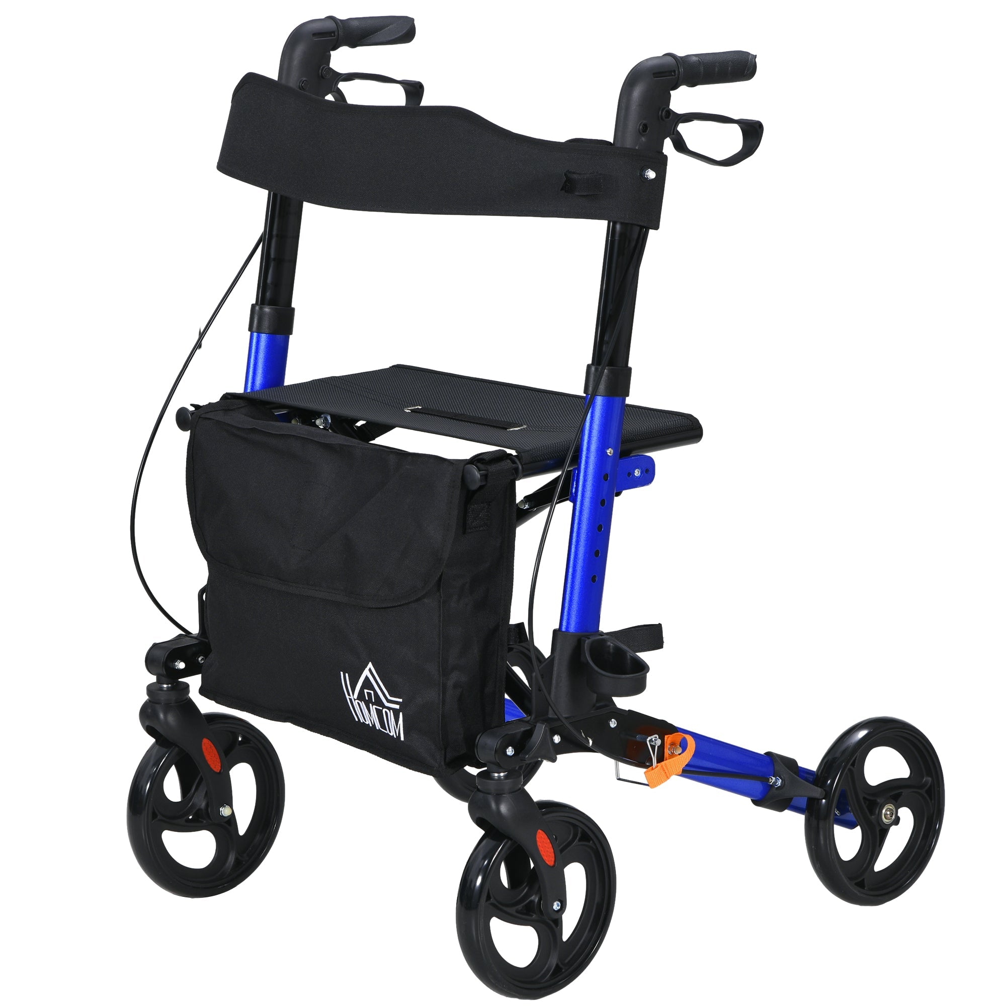 HOMCOM Rollator for Seniors with Seat, Back, Cane Holder, Aluminium Folding Rolling Walker with Adjustable Handle, Bag, Blue 