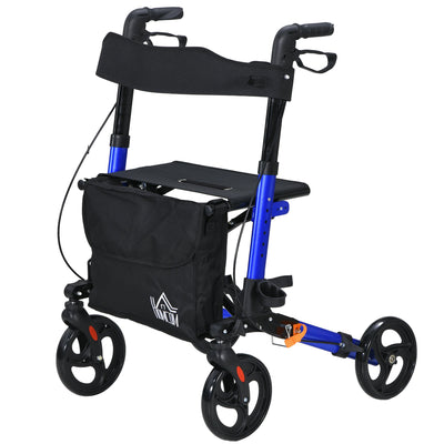 HOMCOM Rollator for Seniors with Seat, Back, Cane Holder, Aluminium Folding Rolling Walker with Adjustable Handle, Bag, Blue 