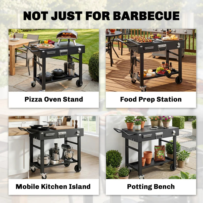Outdoor Grill Cart, Folding Grill Table with Magnetic Knife Holder, Hooks, Spice Rack, Paper Rack, Black