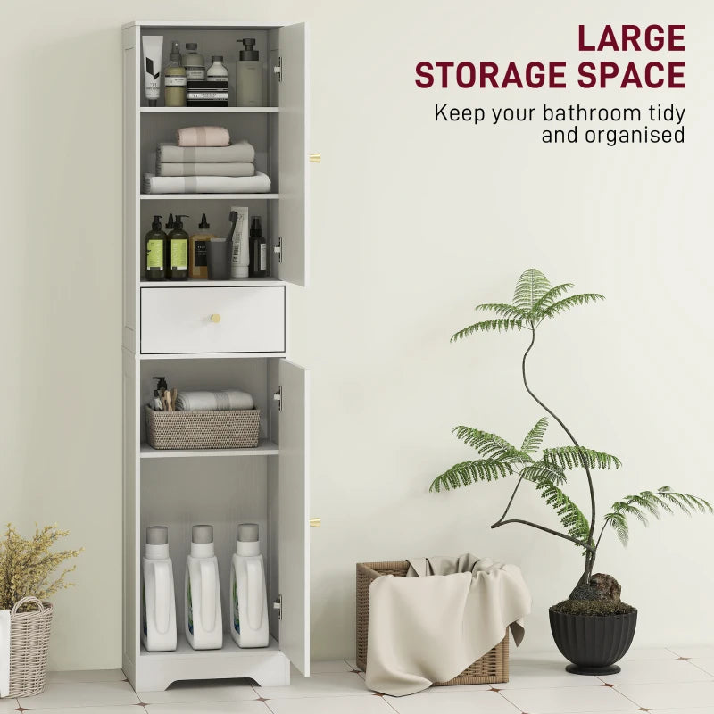 67" Tall Bathroom Cabinet, Slim Bathroom Storage Cabinet with 2 Doors, Drawer and Adjustable Shelf, White Wood Grain