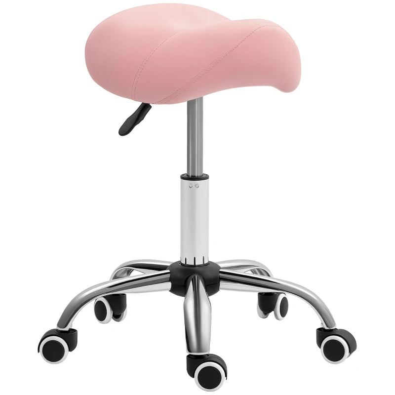Cosmetic Stool 360° Rotate Height Adjustable Salon Massage Spa Chair Hydraulic Rolling Faux Leather Saddle Stool, Pink
