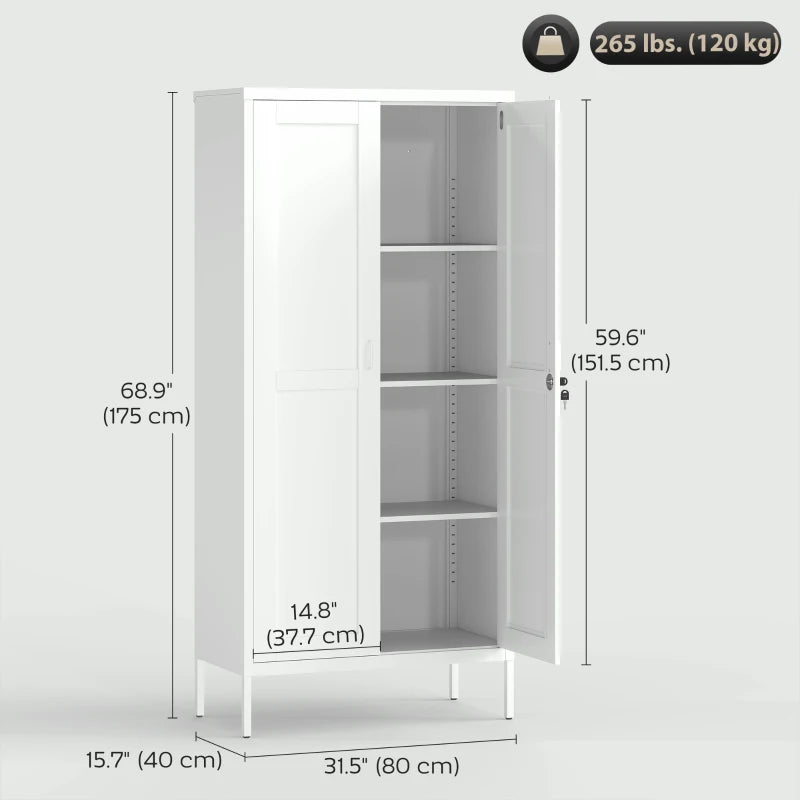 Office Storage Cabinet, Lockable Filing Cabinet with 3 Adjustable Shelves and 2 Doors for Home Office, Garage, White