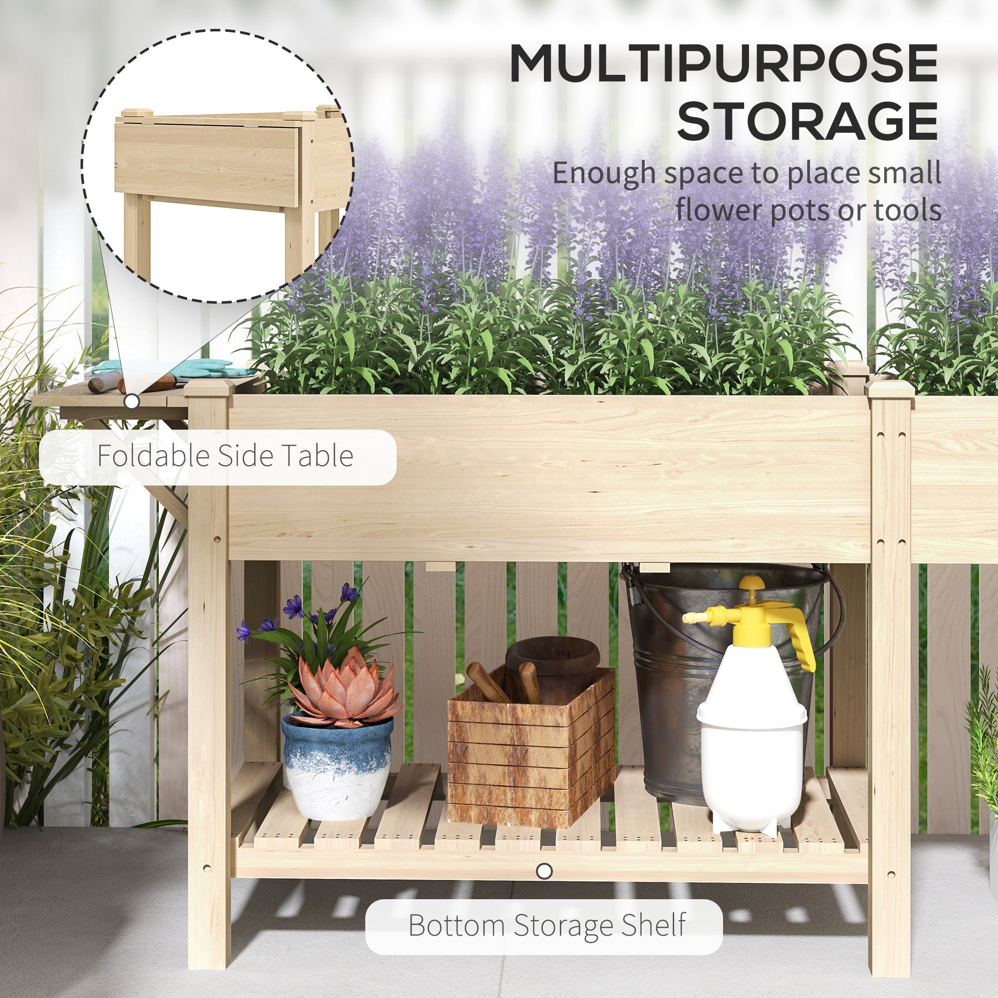 Outsunny Raised Garden Bed, Wood Planter Box with Side Table, Bottom Shelf, Bed Liners and Drainage Holes, Natural 