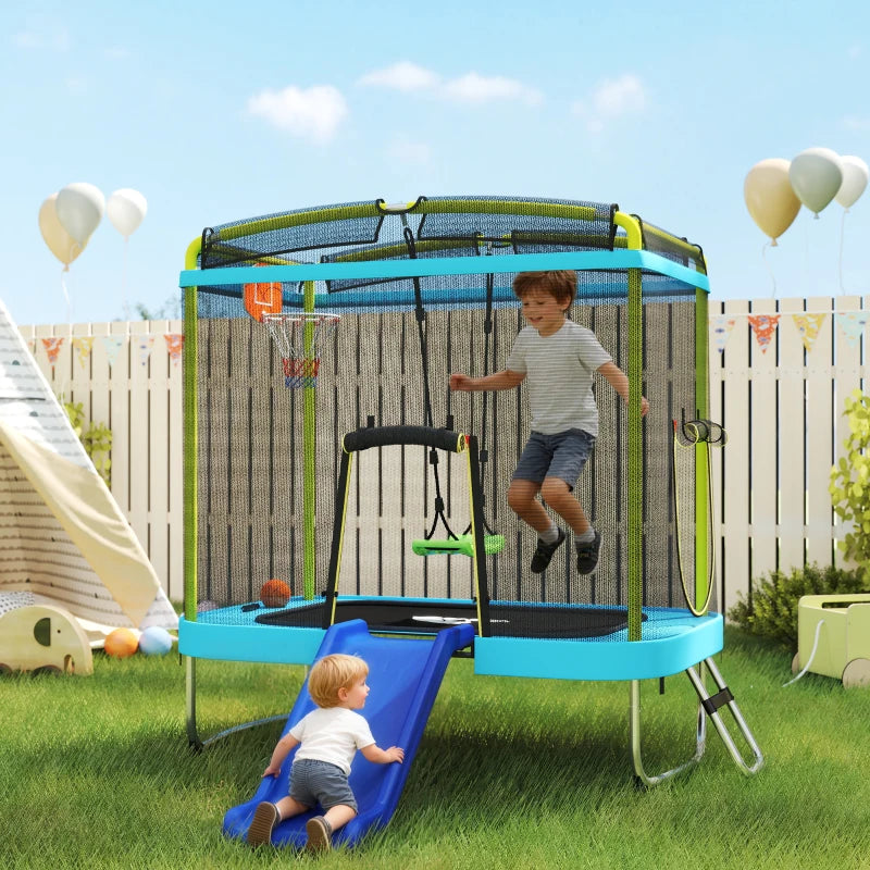 Qaba 70" x 47" Trampoline for Kids Indoor & Outdoor with Slide, Swing, Basketball Hoop and Safety Enclosure, Light Blue