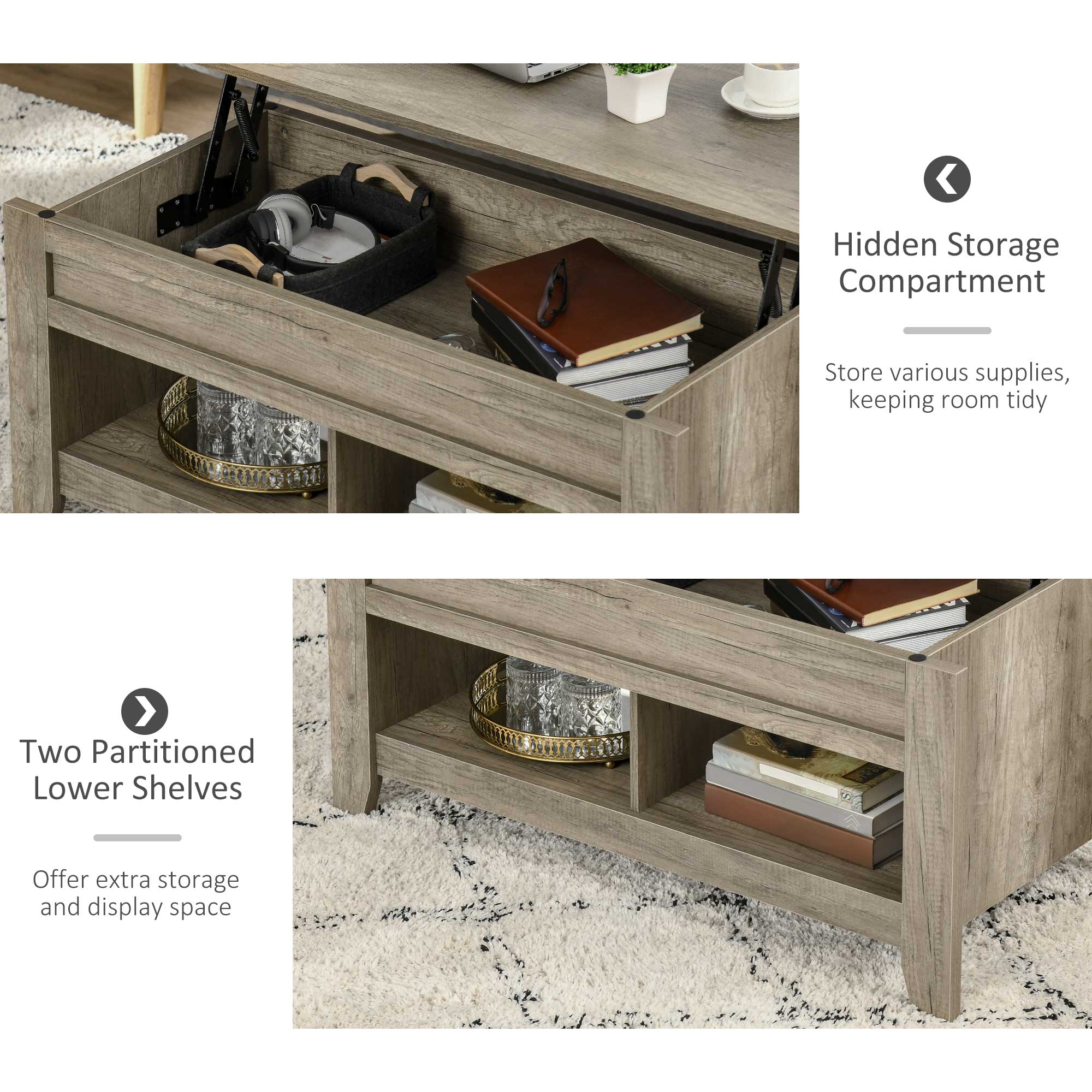 HOMCOM Lift Top Coffee Table with Hidden Storage and Open Shelves Oak Effect for Living Room 