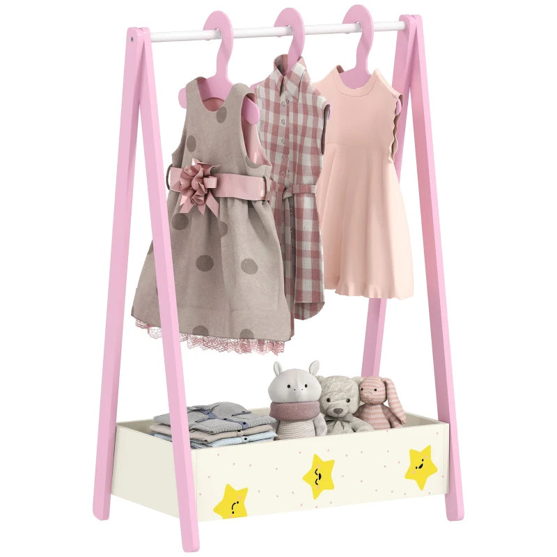 Qaba Kids Clothing Rack with Storage Shelf, Hangers, for Nursery Room, Living Room, Playroom, Pink