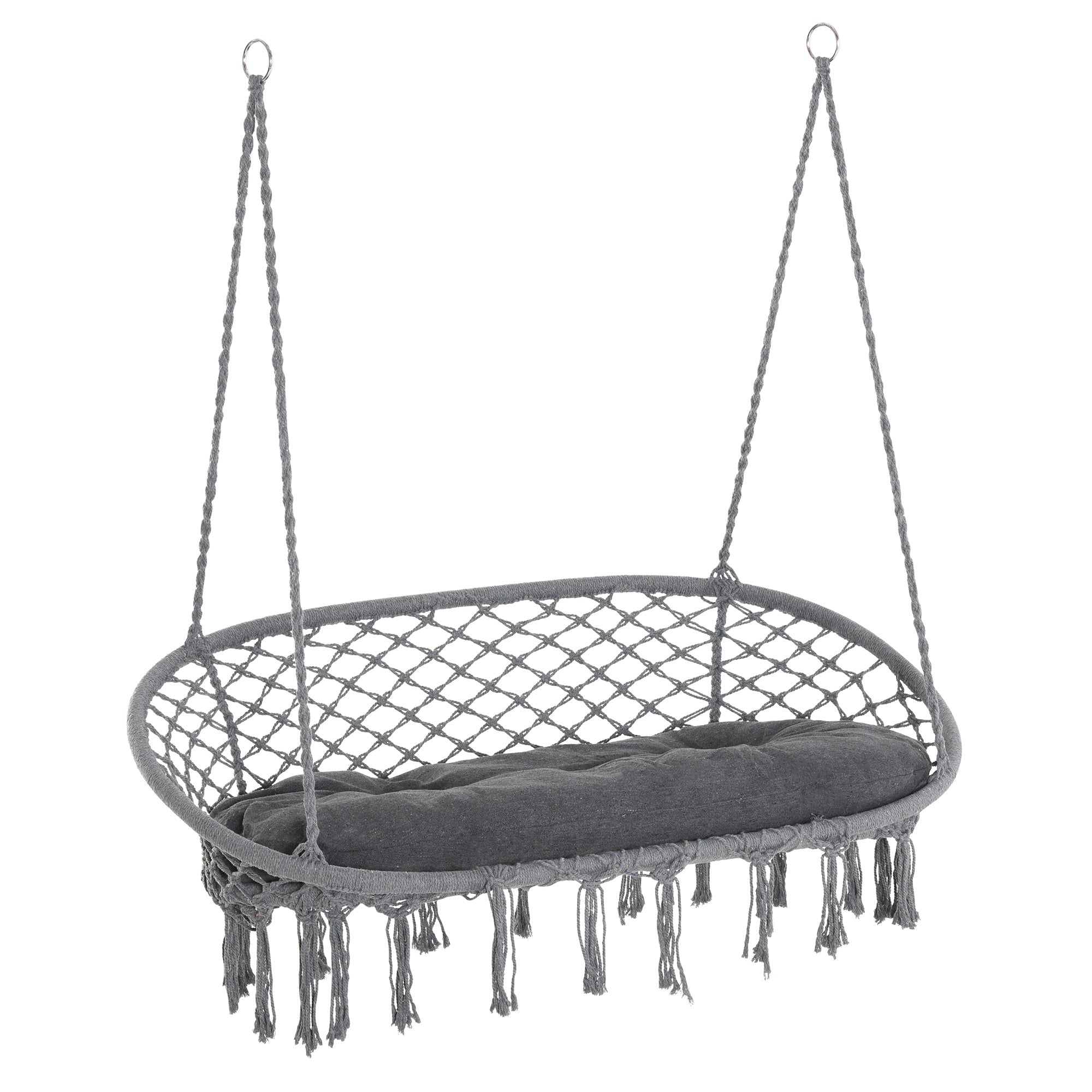 Outsunny Hammock Chair Hanging Rope Swing Metal Frame Cushion Large Macrame Seat Indoor Outdoor Dark Grey 